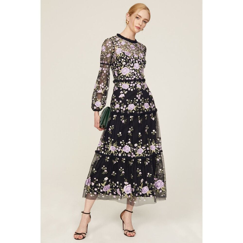 Mac Duggal Navy Maxi Dress with Lavender Floral Embroidery